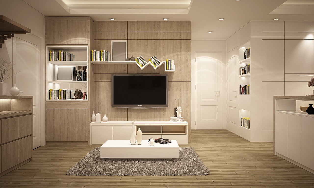 Minimalistische woonkamer met slimme verlichtingssystemen.
